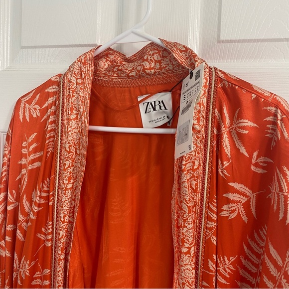 NWT ZARA Long Orange and White fern print Hanoi Kimono with belt size S - Picture 8 of 10